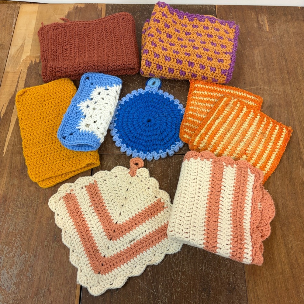 Vintage Handmade Crochet Potholder Trivet Dishcloth Lot Multi Color